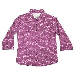 Christopher & Banks Shirt Womens S Purple White Bird Print 3/4 Sleeve Button Up